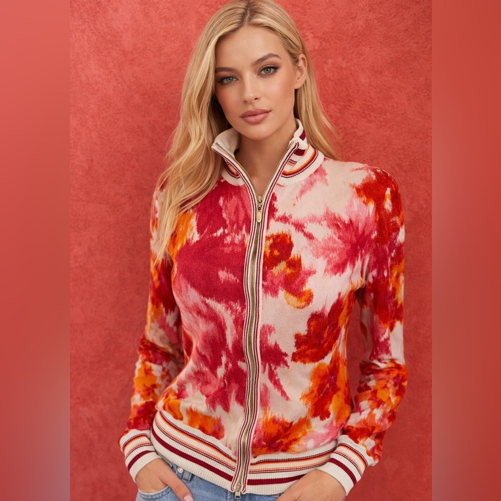 Escada Floral Tie-Dye Zip Jacket in Pink & Orange